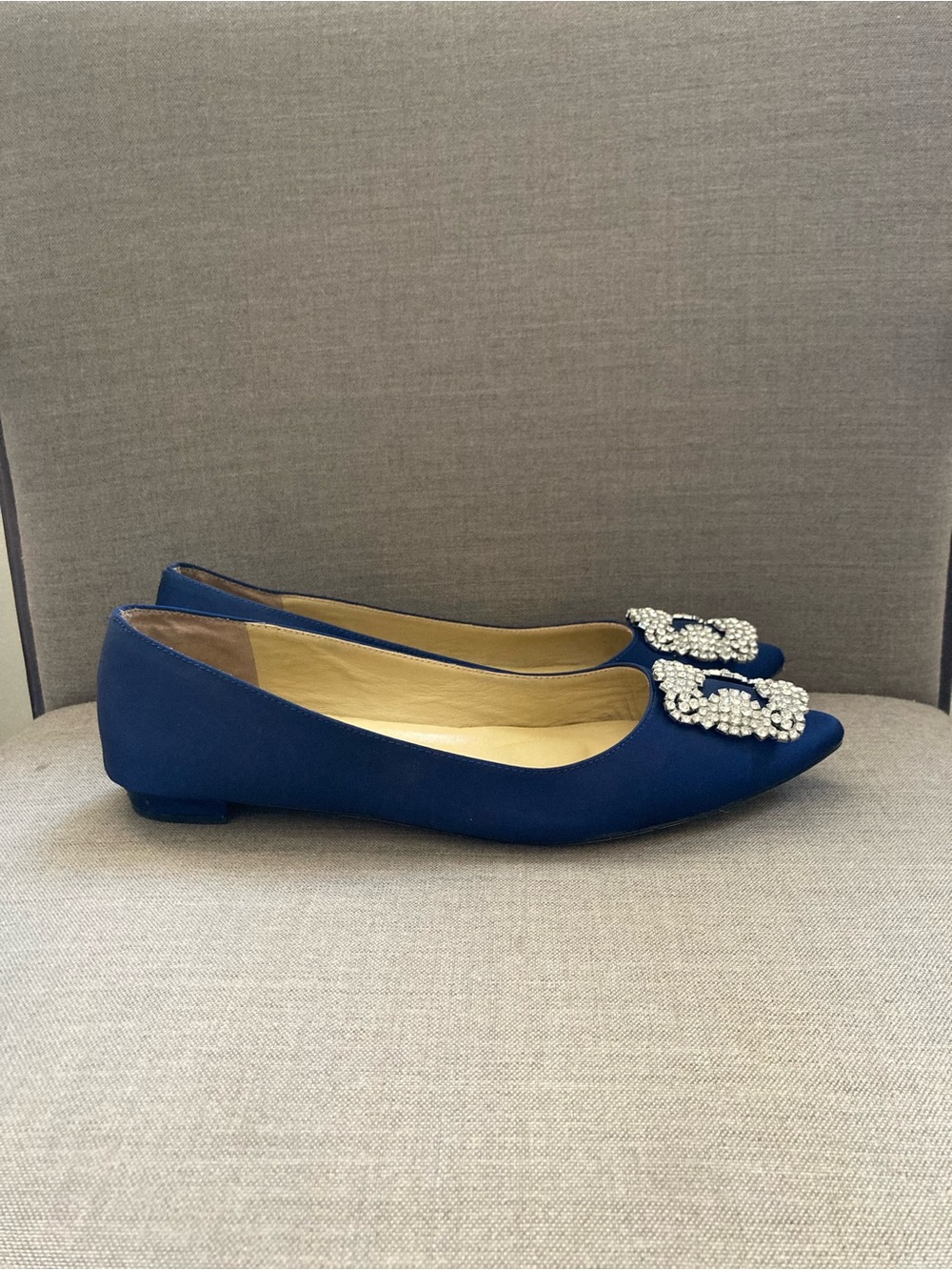 Manolo Blahnik Cobalt Blue Satin Flats with Crystal Buckle - Picture 5 of 6